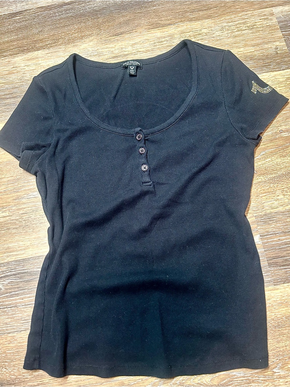 True Religion Black Rhinestone Henley Graphic Tee 🖤✨